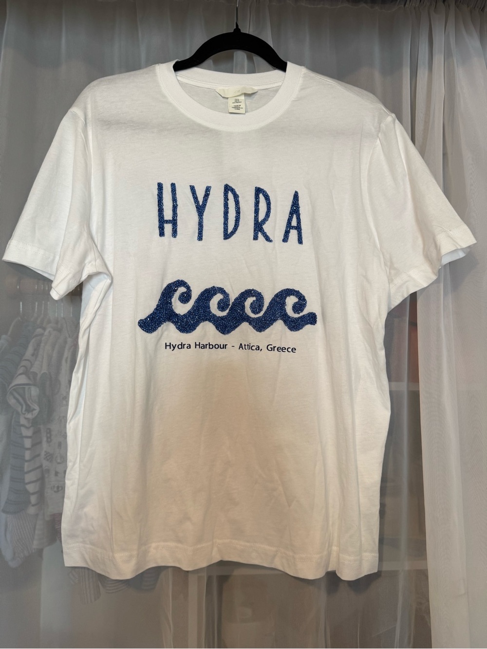H&M White Graphic Tee with Blue Beaded Text
